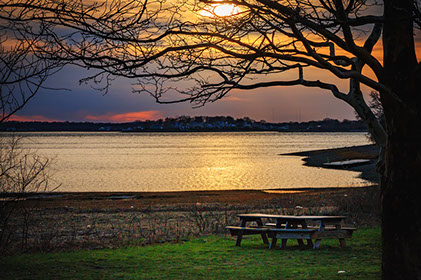 Picnic area offering panoramic and unobstructed ocean views of Hingham Bay on the South Shore